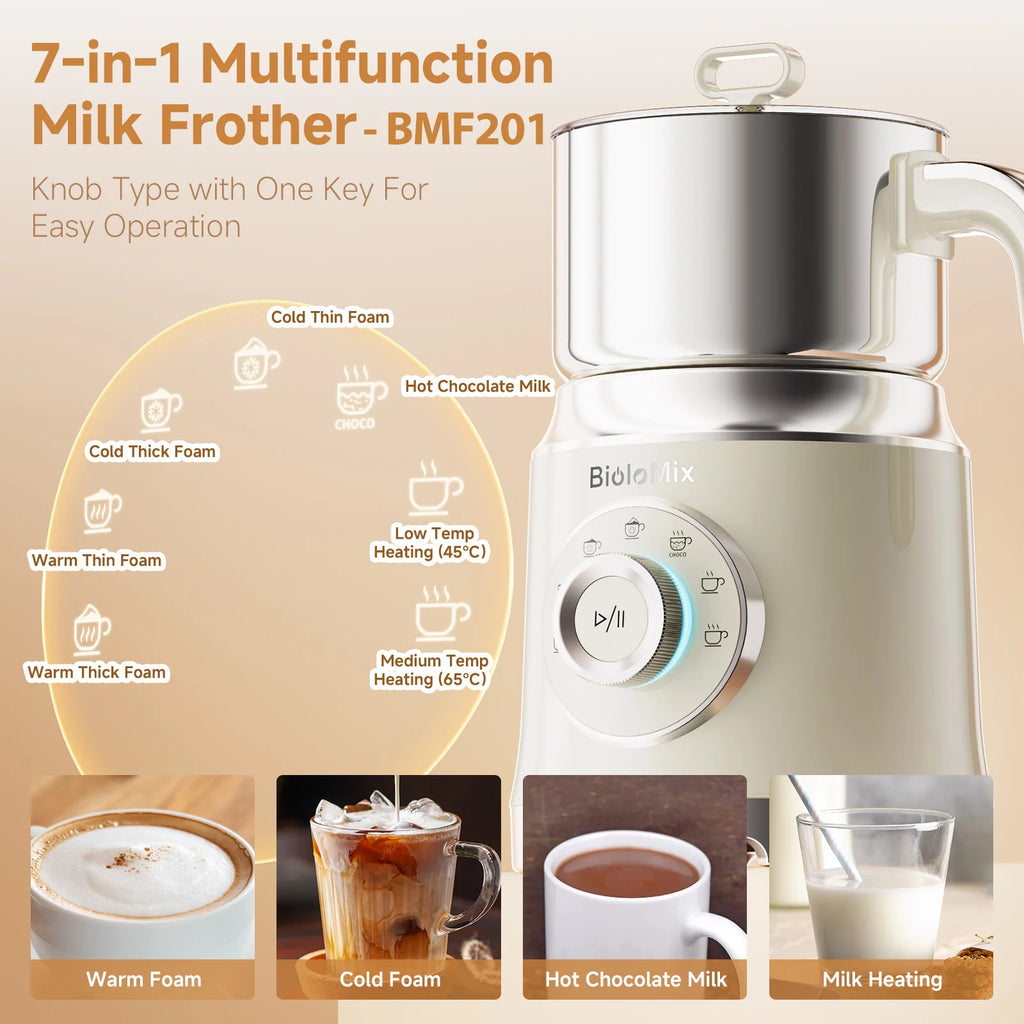 BioloMix 7-in-1 Abnehmbarer elektrischer Milchaufschäumer Dampfer Automatischer Heiß- und Kaltschaumbereiter für Kaffee und heiße Schokolade