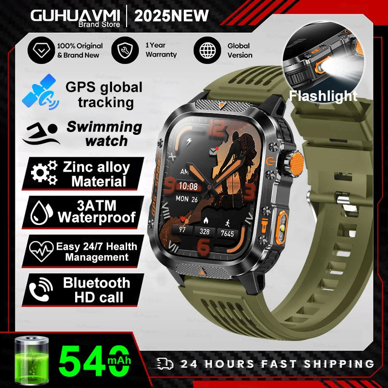 2025Neue GPS Smartwatch für Xiaomi IOS Militärkompass Taschenlampe Smartwatch Herren 10ATM Wasserdicht 100+Sportmodi BT Anruf Uhr