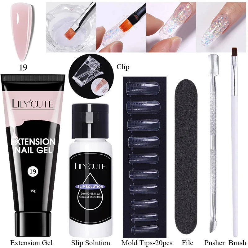 LILYCUTE 15ml Verlängerungsgel-Nagellack-Set Quick Nail Prolong mit Verlängerungsform-Nagelspitzen Acryl-Lösung Maniküre-Werkzeug-Kit