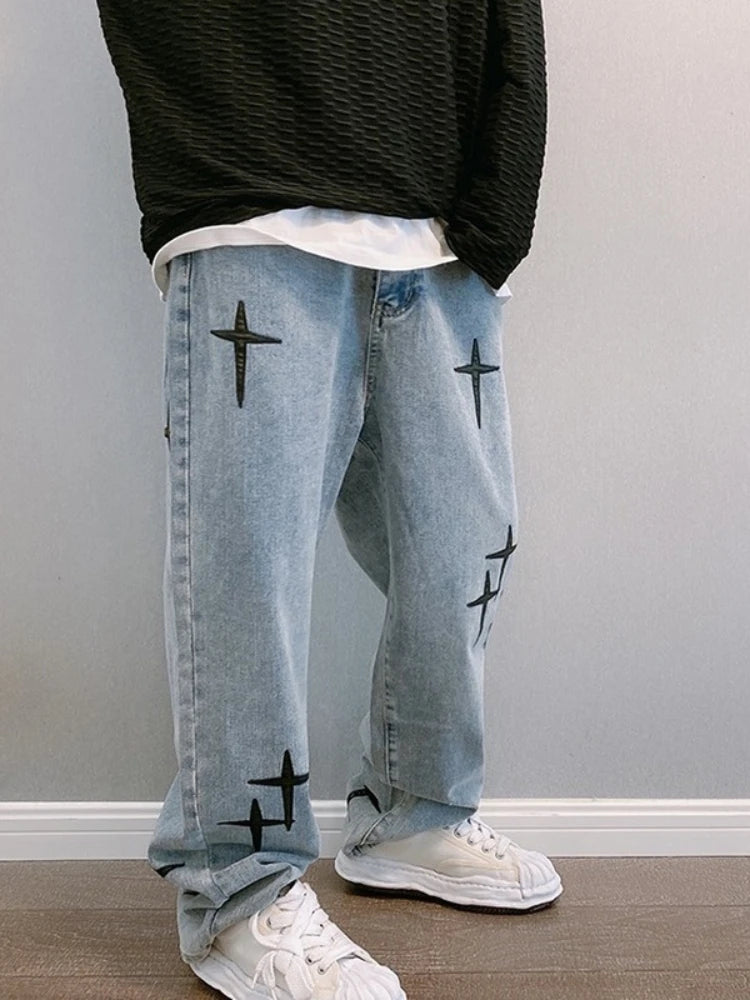 Prints Jeans Men 2023 New Streetwear Baggy Wide Leg Jeans Korean Fashion Drapes Straight Casual Loose Denim Cargo Pants