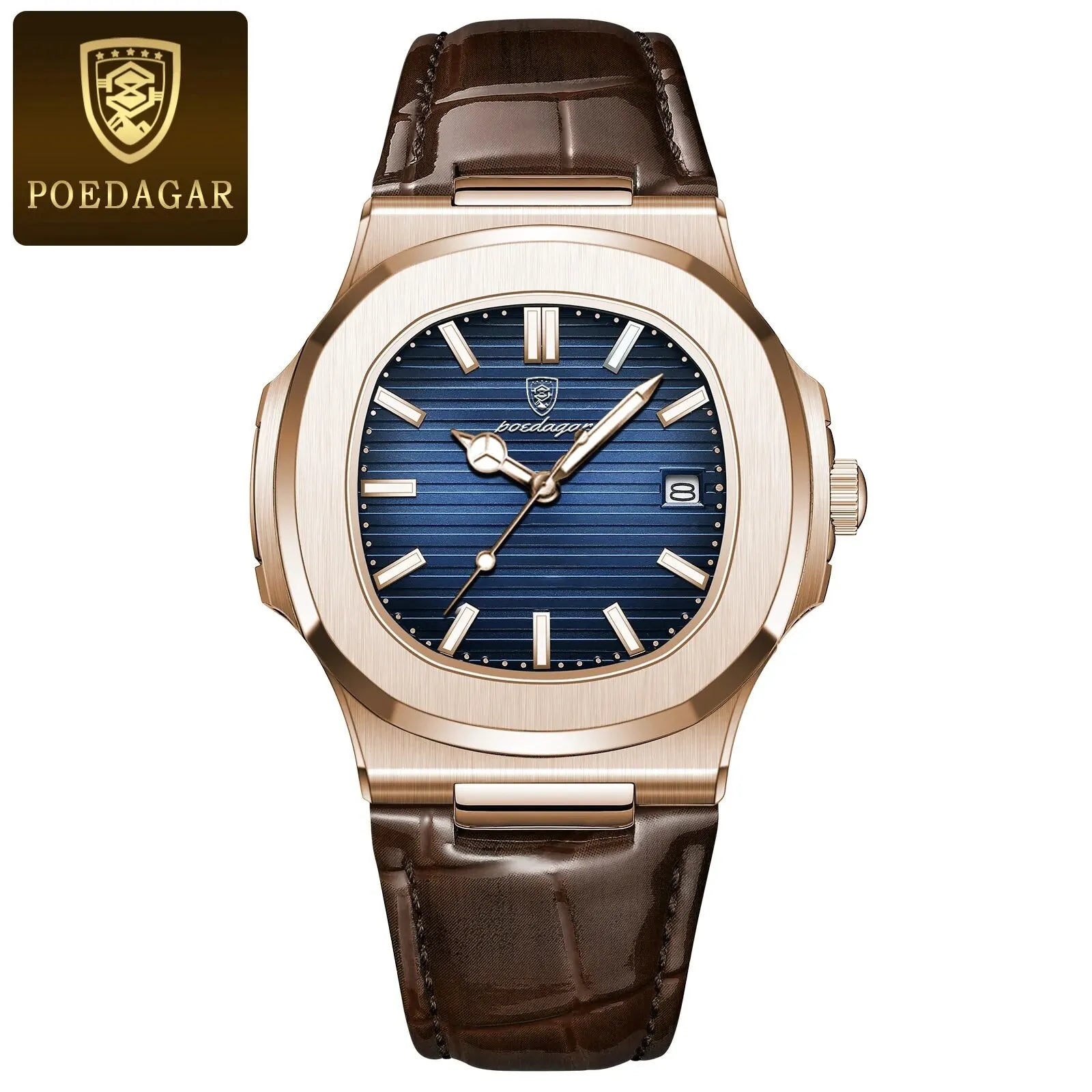 POEDAGAR Top Luxus Quadratische Herrenuhr Datum Wasserdicht Leuchtend Herren Armbanduhr Hochwertige Leder Herren Quarzuhren+Box Reloj