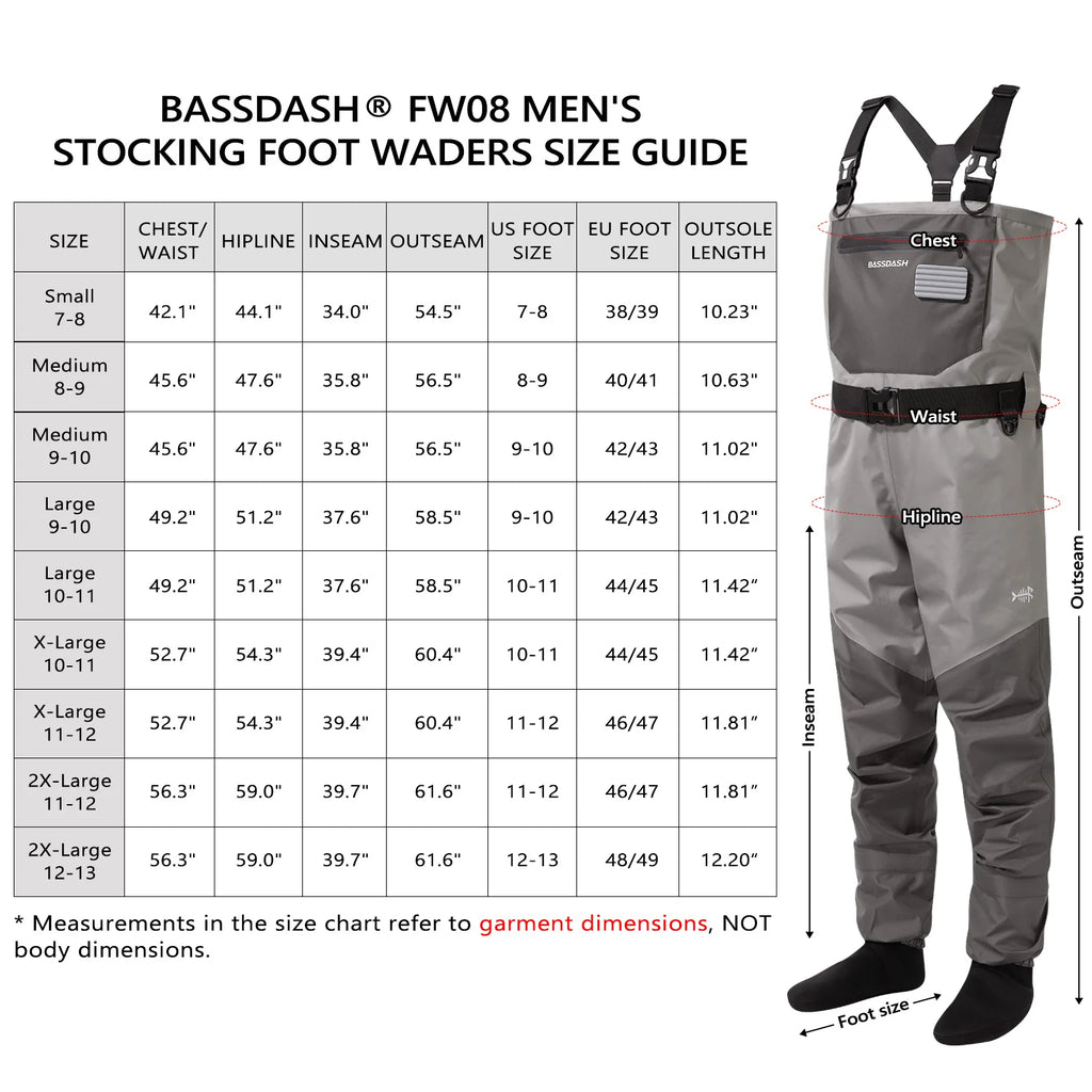 BASSDASH Anglerwathose leicht, mit angesetzten Füßlingen, FW08, für Herren, atmungsaktive Wathose, wasserdicht, zum Fliegenfischen, Brusthöhe