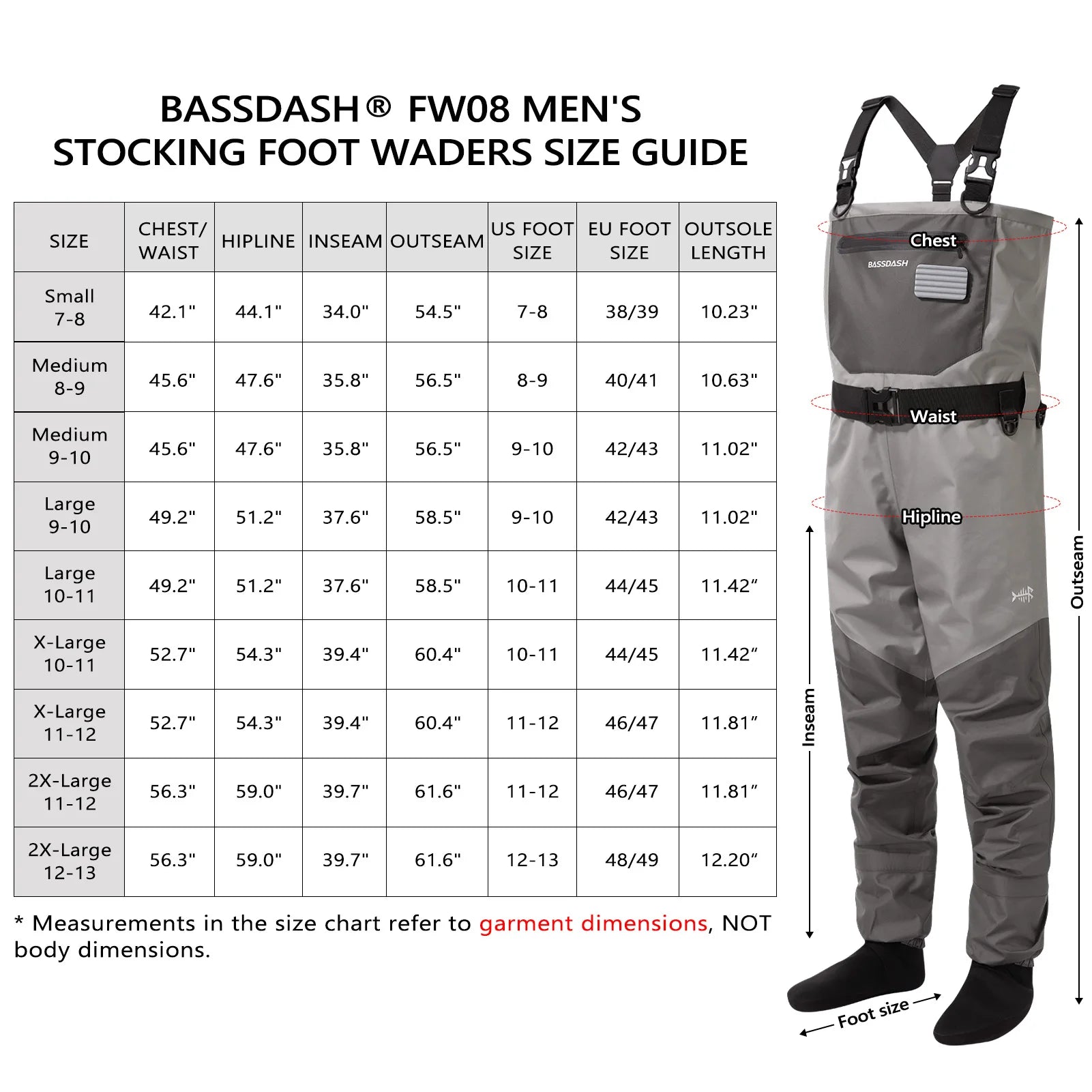 BASSDASH Anglerwathose leicht, mit angesetzten Füßlingen, FW08, für Herren, atmungsaktive Wathose, wasserdicht, zum Fliegenfischen, Brusthöhe