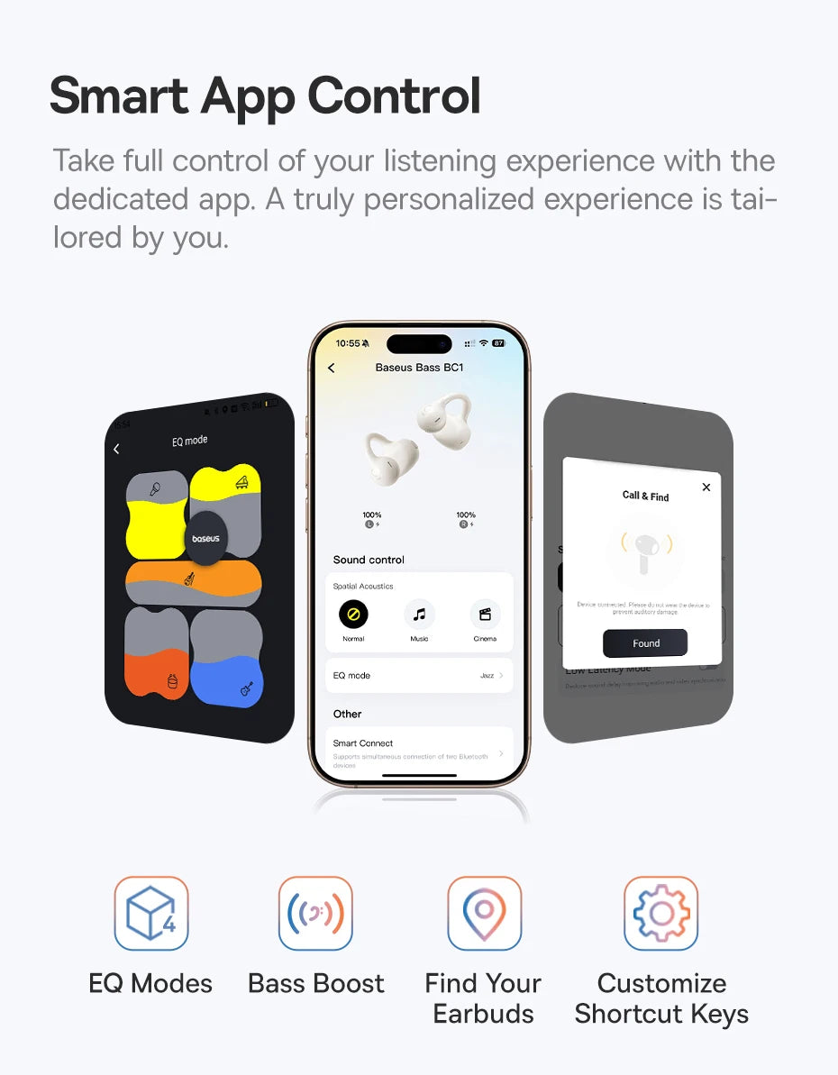 Baseus BC1 Ear-Clip-Ohrhörer Open-Ear Drahtlose Kopfhörer Bluetooth 6.0 Clip-On Sport-Kopfhörer 4 Mikrofone Super Bass IP55 Ohrstöpsel