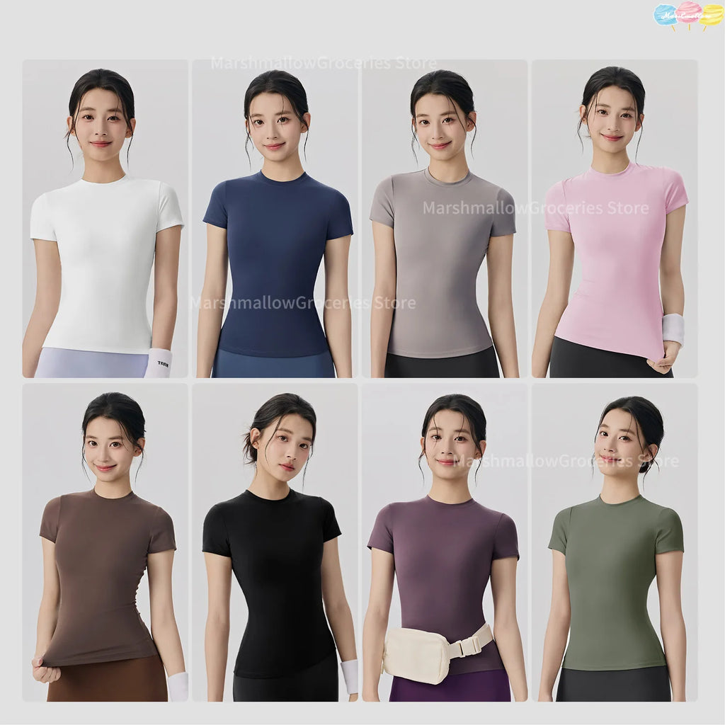 Frühlings- und Sommer-Yoga-Kleidung, kurzärmlig, nackt, eng anliegend, Fitness-Kleidung für Damen, Outdoor-Laufen, Training, Sport-T-Shirt