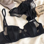 Vorderer Schnallen-Push-up-BH für Damen Dessous-Set Sexy Satin-Mesh Halb-Cup Kabelloser Lift-BH-Set mit verstellbaren Trägern Größe S-XL