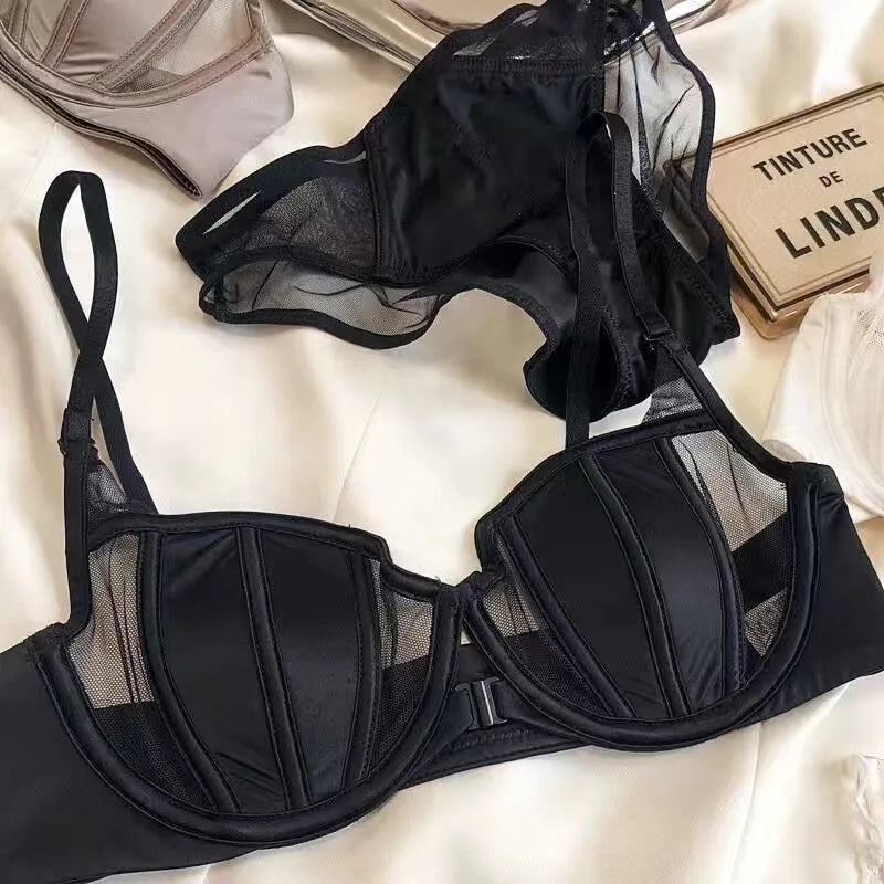 Vorderer Schnallen-Push-up-BH für Damen Dessous-Set Sexy Satin-Mesh Halb-Cup Kabelloser Lift-BH-Set mit verstellbaren Trägern Größe S-XL