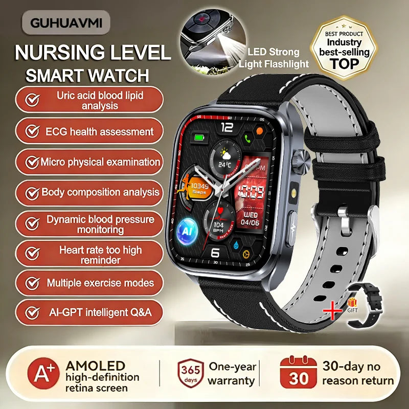 Neue Gesundheitsuhr Harnsäure Blutdruck Blutsauerstoff Körperanalyse Körperfett Smartwatch EKG+PPG Bluetooth Anruf Uhr Frauen Männer