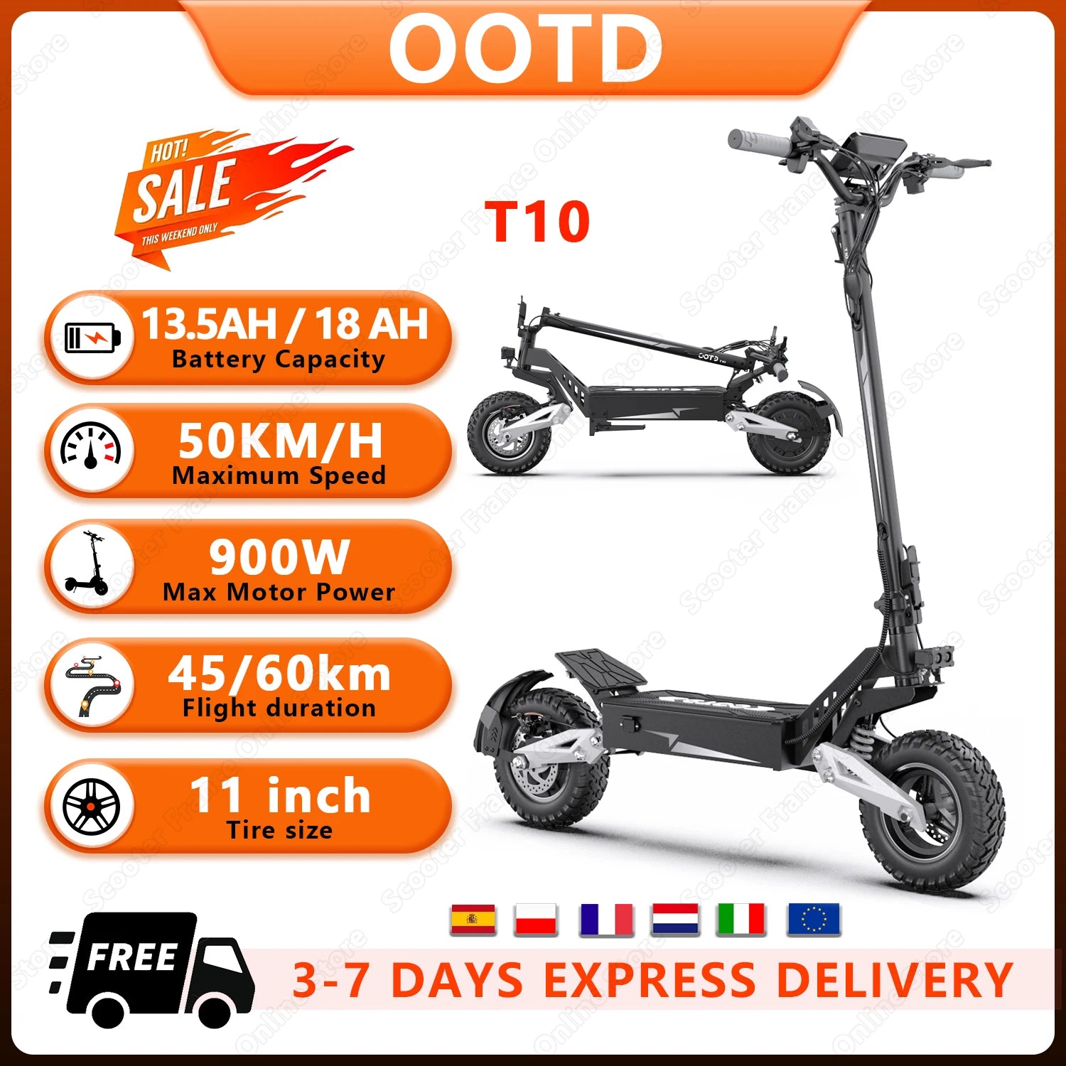 T10 Tragbarer E-Scooter 900W Spitzenleistung 48V 13.5/18 Ah Akku Elektroroller für Erwachsene 11 Zoll Offroad-Reifen Elektroroller