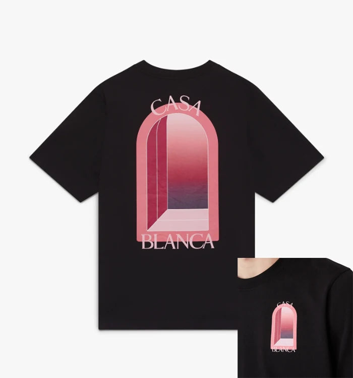 Hochwertiges weißes T-Shirt mit Arch-Print, Kurzarm, lässiger Rundhals, Sommer, Grafikmuster, lockere Passform für Männer und Frauen