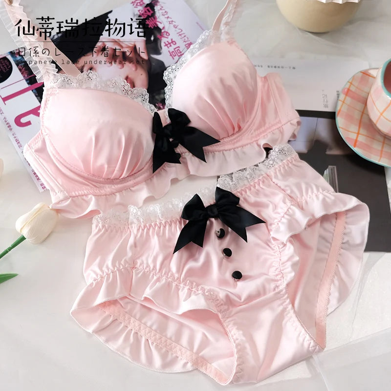 YUQI Kawaii Japanisches Lolita Dessous-Set - Süßer Schleifen-BH-Bezug & Höschen für kleine Brüste, Reiner Sexy Teenager-Mädchen-Charme XS-S Cup BH