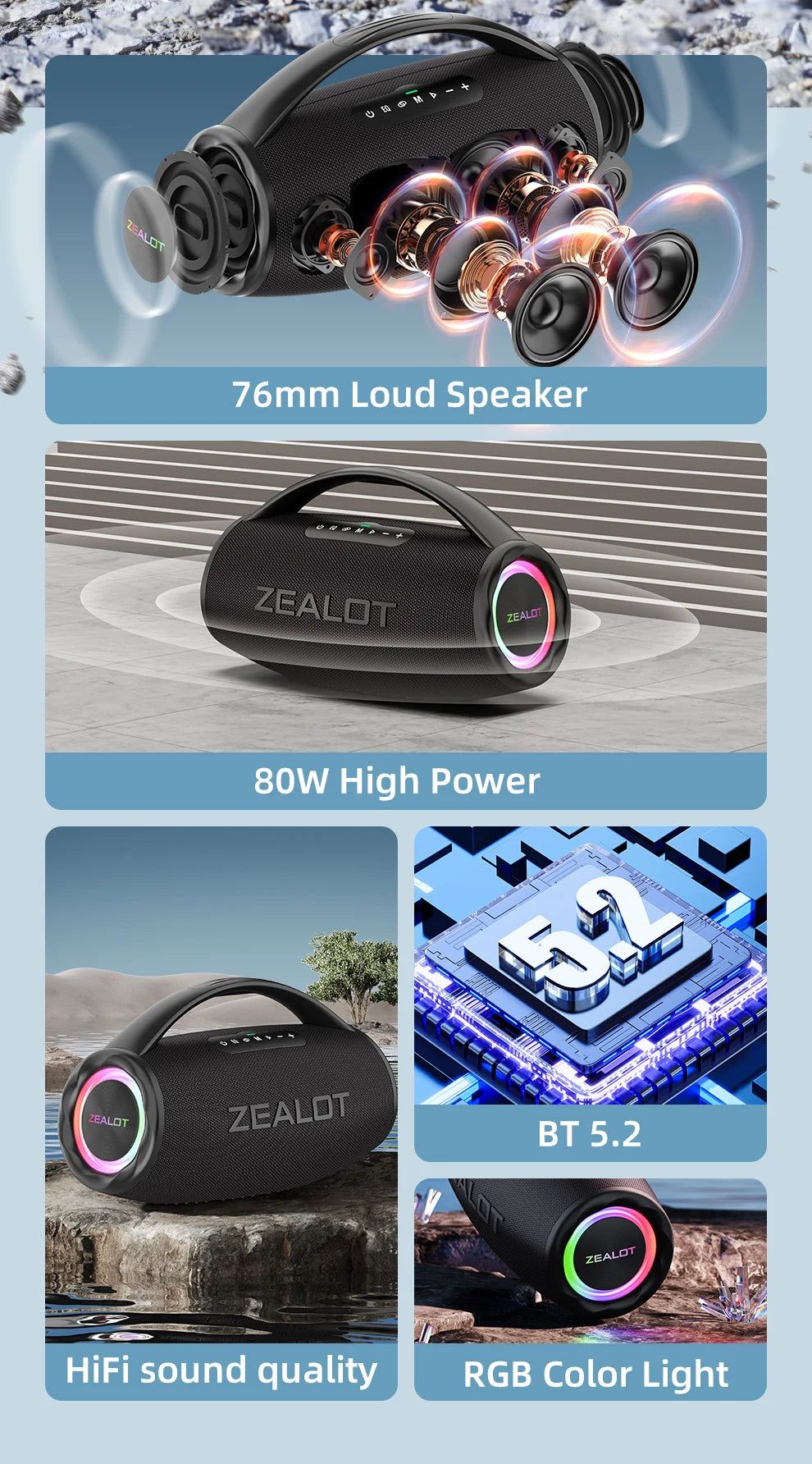ZEALOT-S97 80W Bluetooth Speaker Powerful Wireless Speaker with Portable Handle, for Party, Camping，RGB colorful light