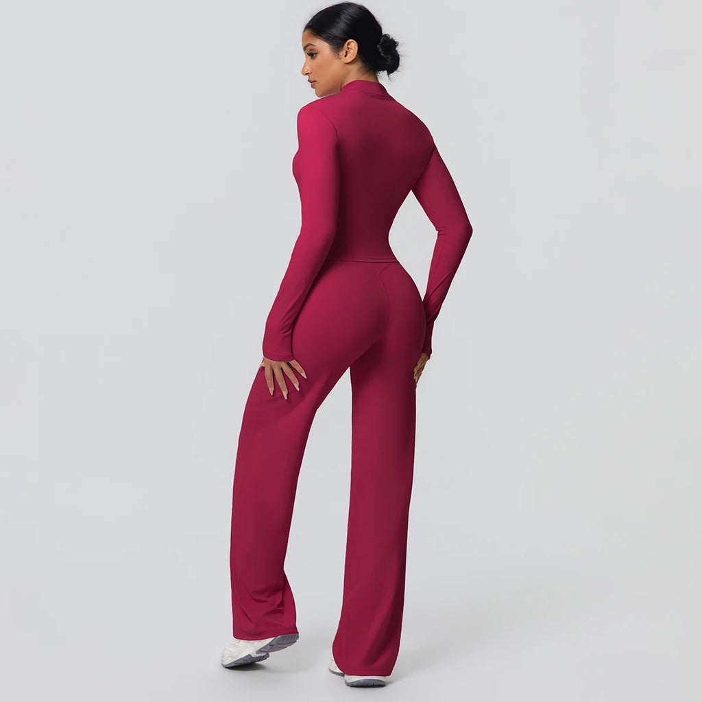 2-teiliges schnelltrocknendes Sport-Fitness-Bekleidung Yoga-Set Damen Yoga Reißverschluss Langarm High Waisted atmungsaktive weite Hose Set
