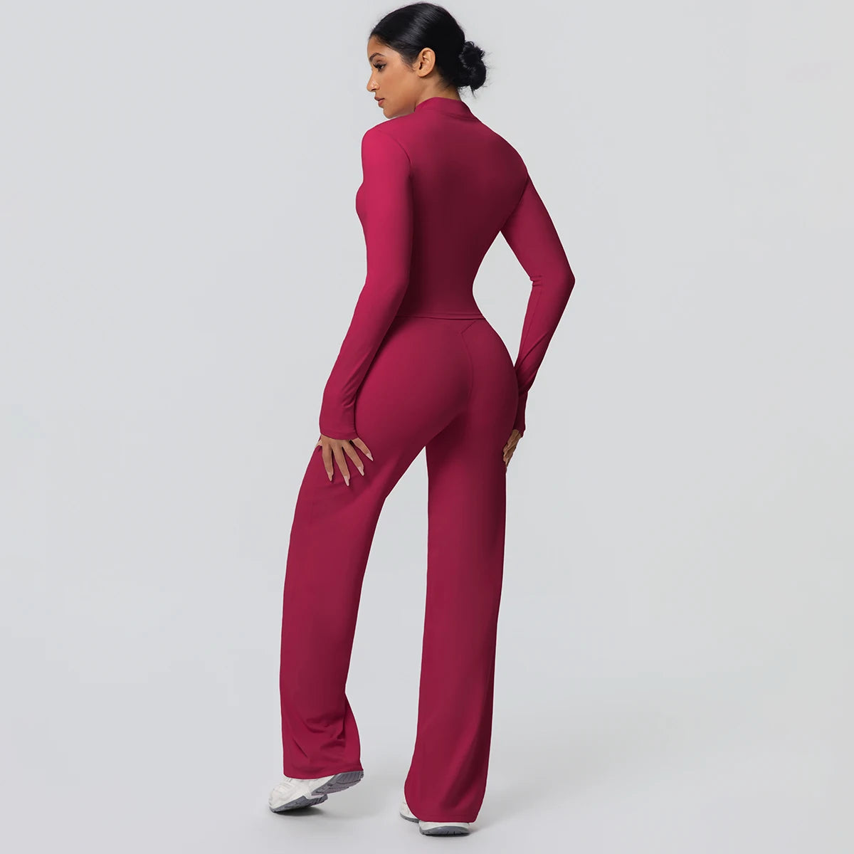 2-teiliges schnelltrocknendes Sport-Fitness-Bekleidung Yoga-Set Damen Yoga Reißverschluss Langarm High Waisted atmungsaktive weite Hose Set
