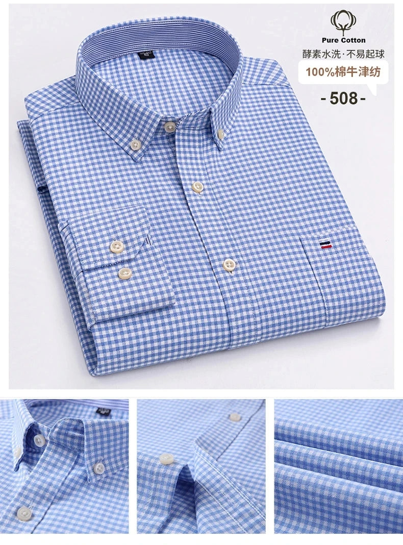 100 % Baumwolle Oxford Herrenhemden Langarm Kariert Weich Regular Fit Festliches Hemd Tasche Sozial Bluse Herrenkleidung S-7XL