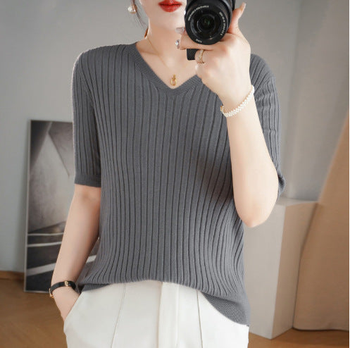 Damen Pullover Frühling Sommer Kurzarm V-Ausschnitt Strickshirt Lässige koreanische Pullover Gestreiftes Unterziehshirt Slim Fit Pullover