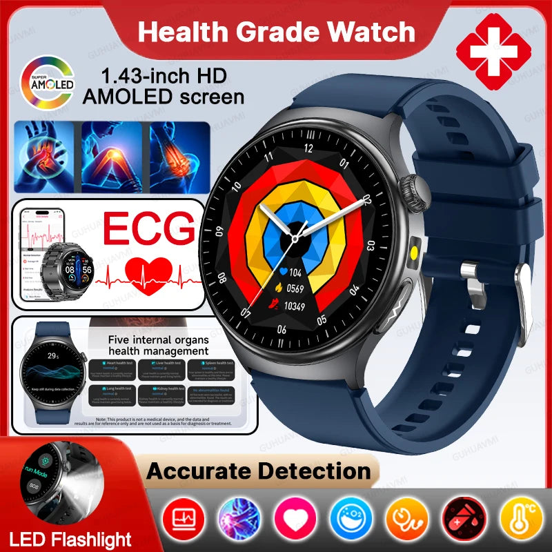 Neue genaue EKG-Smartwatch, Blutfettwerte, Fünf-Organe-Gesundheitscheck, Körpertemperatur, BT-Anruf, Sport-Smartwatches für Herren 2026