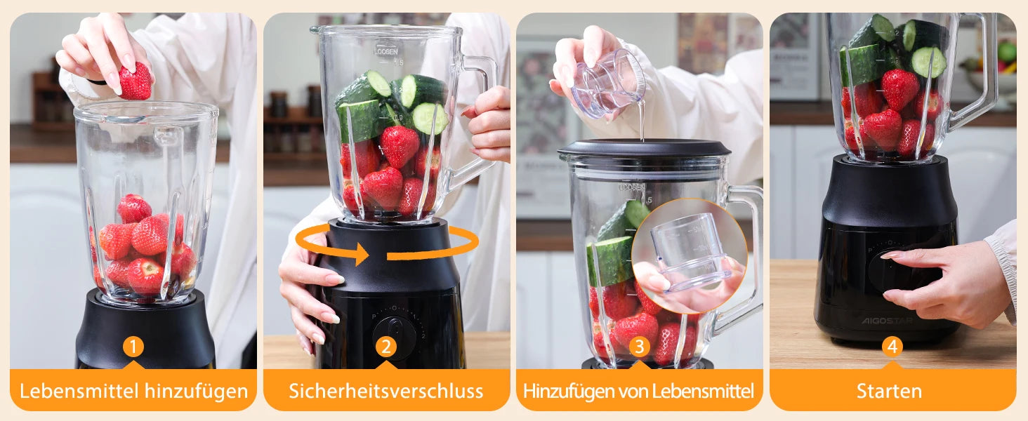 Aigostar Standmixer und Smoothie Maker, 1,5 Liter Glasbehälter, Titanbeschichtete Klingen, Eisfunktion, 2 Geschwindigkeiten + Pulsfunktion