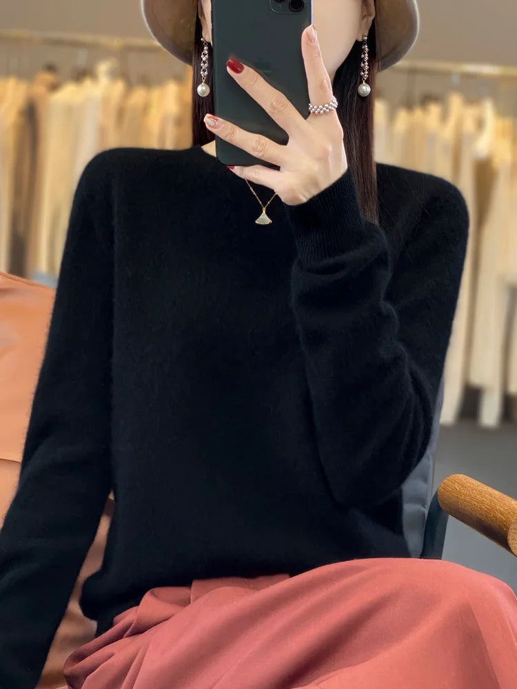 100 % Merinowolle Pullover Damen O-Ausschnitt Kaschmir Strickwaren Female Pullover Herbst Winter Freizeit Oberteile Einfarbig Weiche Kleidung