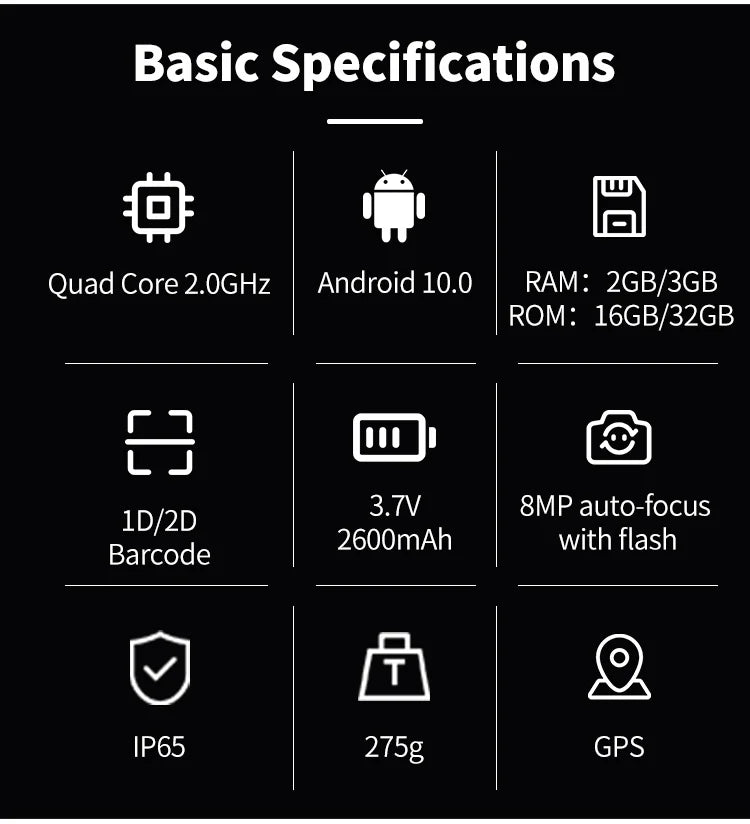 Urovo U2 Android 10 2GB RAM/16GB ROM Quad-Core 2GHz 2D Barcode-Scanner PDAs Wearable Devices