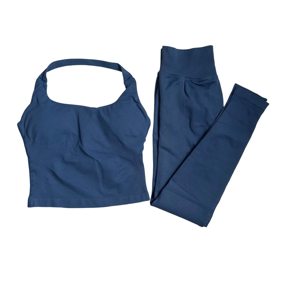 Halter Top Leggings 2-Piece Set Seamless Halterneck Backless Yoga Top+Scrunch Booty Leggings Fitness Gym 2pcs Set