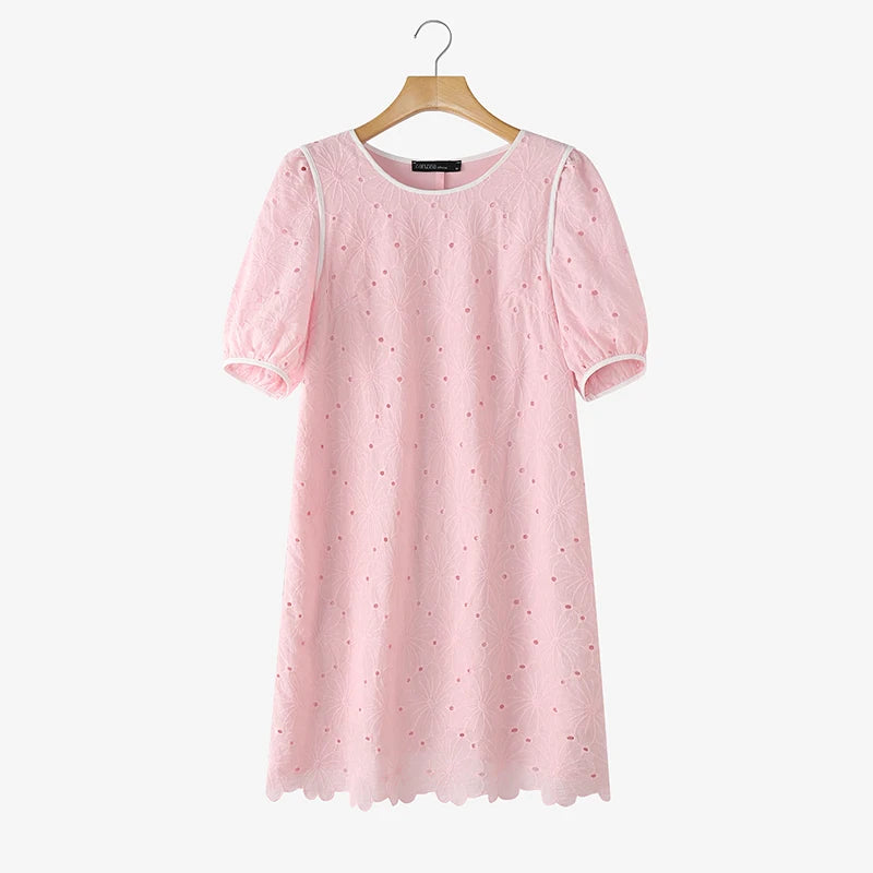 ZANZEA Sommerkleider für Damen, Lochstickerei, O-Ausschnitt, halbe Puffärmel, kontrastfarbene Borte, knielanges Kleid, lässige A-Linien-Roben