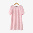 ZANZEA Sommerkleider für Damen, Lochstickerei, O-Ausschnitt, halbe Puffärmel, kontrastfarbene Borte, knielanges Kleid, lässige A-Linien-Roben
