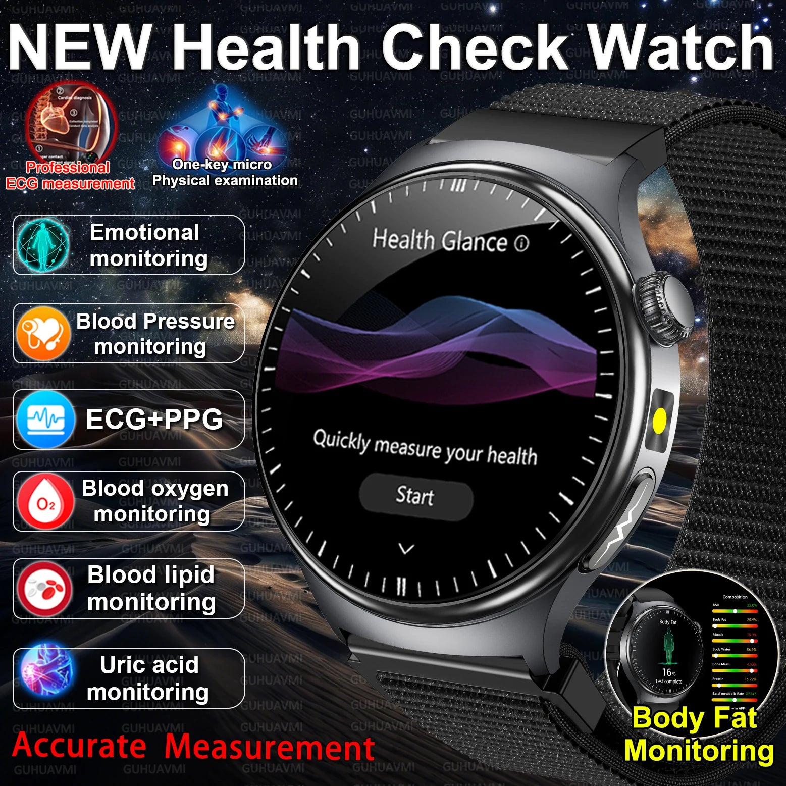 2026 Neue genaue Körpergesundheitsanalyse Smartwatch Herren EKG Blutfette Harnsäure Blutdruck Körperfett Sprachanruf Smartwatch Hauptbild