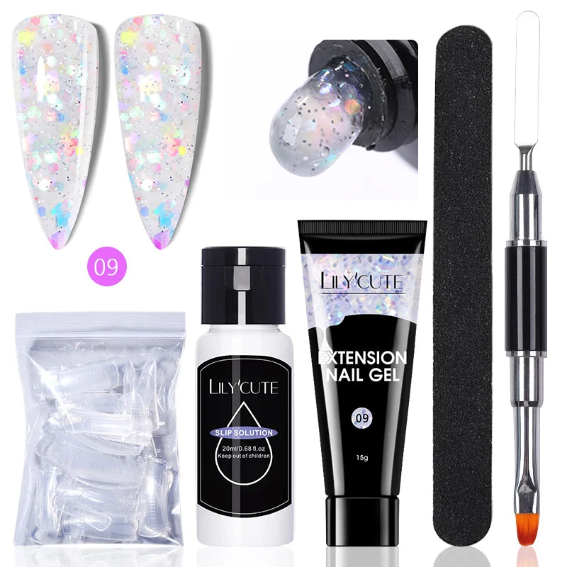 LILYCUTE 15ml Verlängerungsgel-Nagellack-Set Quick Nail Prolong mit Verlängerungsform-Nagelspitzen Acryl-Lösung Maniküre-Werkzeug-Kit