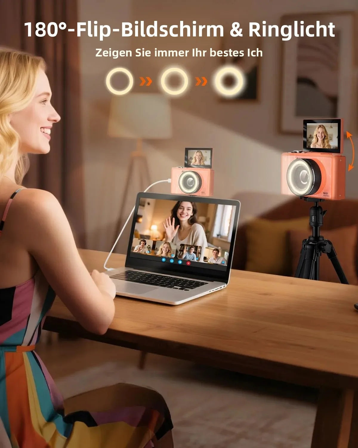 4K-Vlogging-Kamera, 180° drehbarer Bildschirm, Ringlicht & Beauty-Modus, Digitalkamera für Anfänger, 32-GB-SD-Karte enthalten, Weihnachtsgeschenk