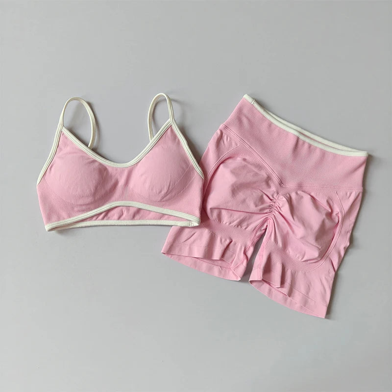 2-TEILIGER Yoga-Anzug Nahtlos mit Brustpolster Enge Sport-BHs und High-Waist-Shorts zum Draußen Tragen, Laufen, Training, Fitness, Yoga-Set