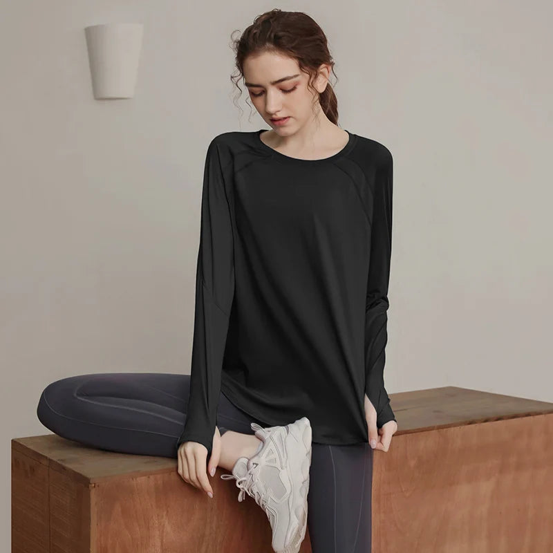Lockere, schnell trocknende Sportoberteile, Damen-Langarmshirts, Yogabekleidung, atmungsaktive Lauf- und Fitnessbekleidung, figurformend