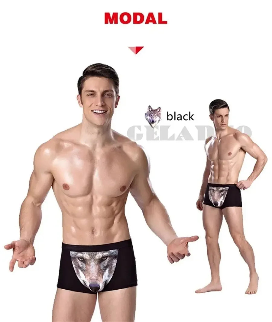 Herren Einzigartige 3D-gedruckte Wolfs-Adlerkopf-Flachwinkel-Hose mittelhohe Boxershorts Atmungsaktives gestricktes Modal-Gewebe
