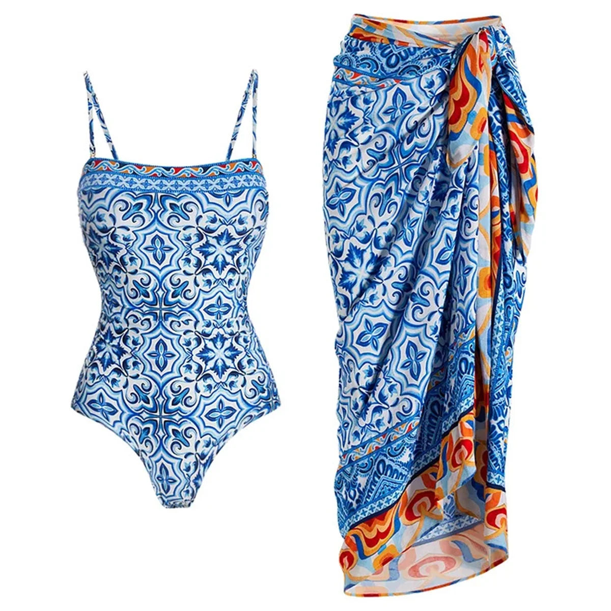2tlg. bedruckter Badeanzug Damen Sexy Bademode Neuer Bikini mit langem Rock Damen Biquini Push Up Badeanzug Body Strandkleidung Strandtuch