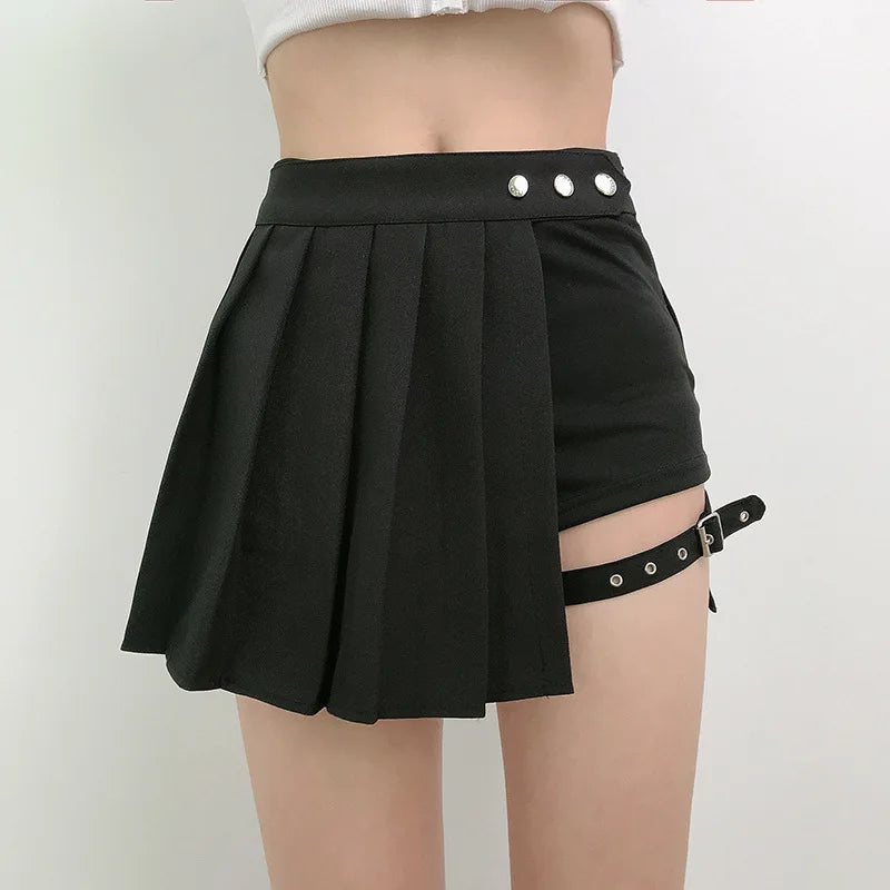 Gefaltete Mädchen Gothic Halbröcke Sommer Harajuku Punk Style Karierte Unregelmäßige Röcke Damen Asymmetrische Hohe Taille Schwarze Röcke Zweitbild