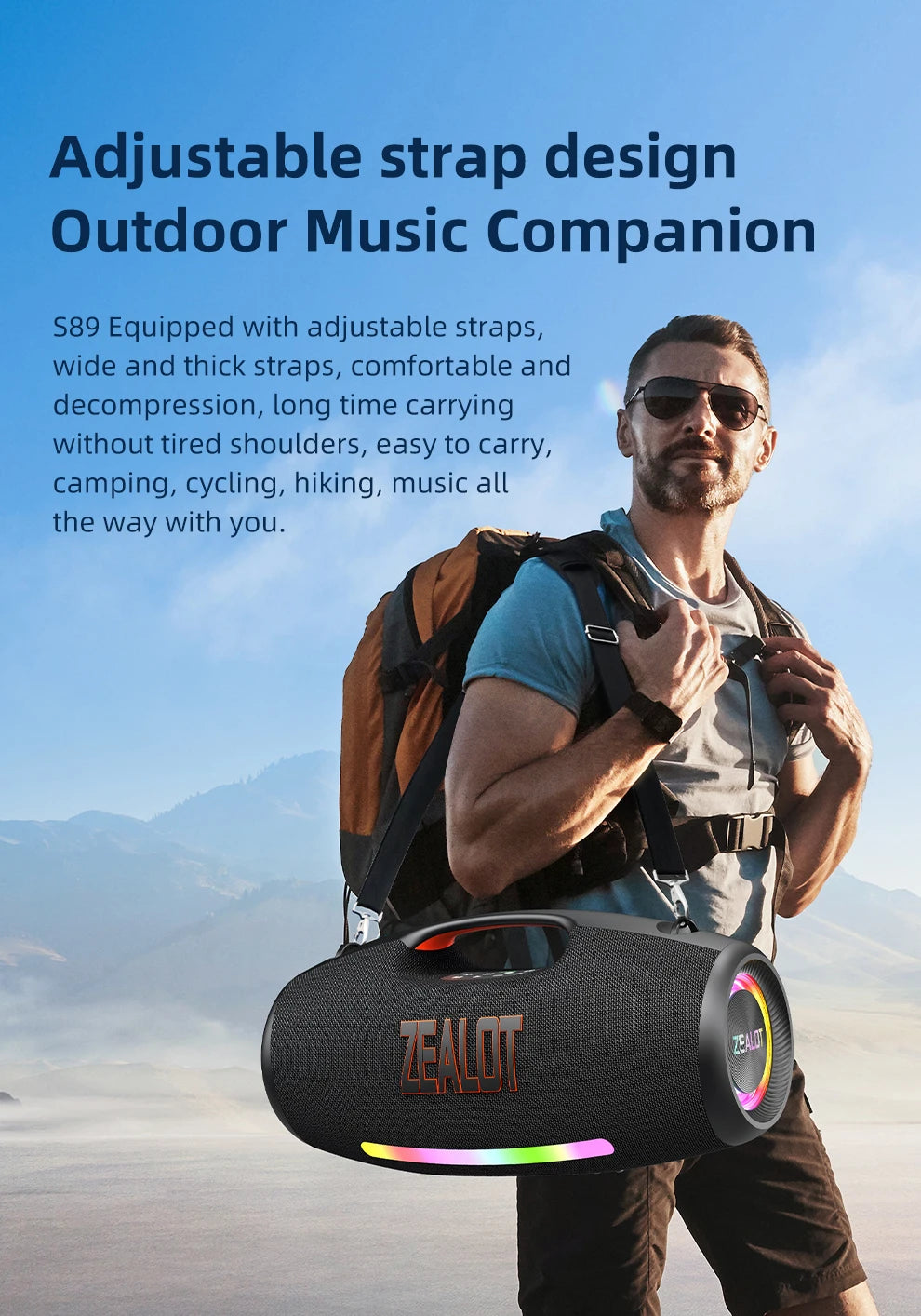 ZEALOT-S89 250W Wasserdichter tragbarer Bluetooth-Lautsprecher, kabelloser Outdoor-Boombox-SubwooferDreifach passive Radiatoren-Tiefer Bass