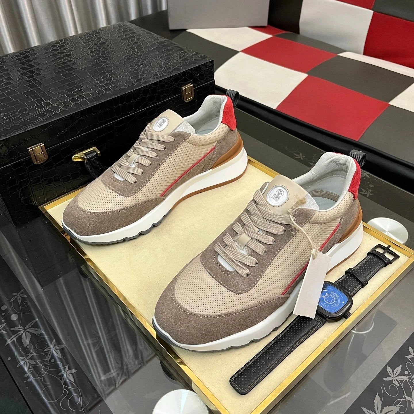 Luxusmarke Herrenschuhe Handgemachte Freizeit-Sneaker Jacquard-Nylon-Gewebe mit Wildleder Wander- und Radschuhe Laufschuhe Weihnachtsgeschenke