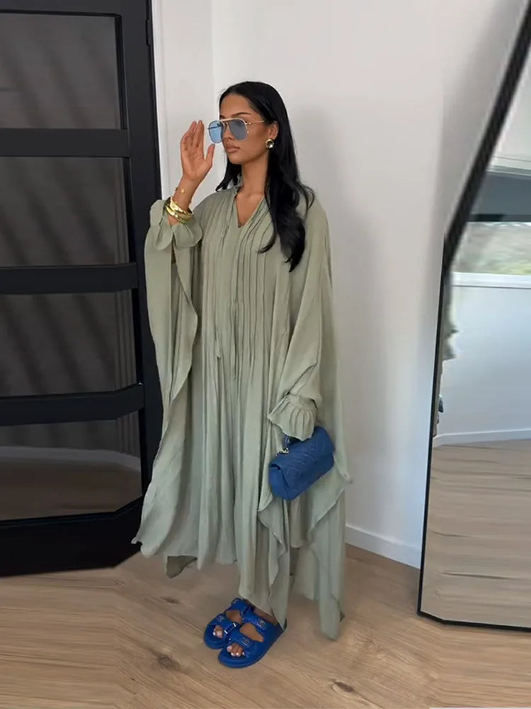 Maxikleid Damenkleider Fledermausärmel Beige Rüschen Bindekragen Plissiert Oversized Damenbekleidung Freizeitkleidung Sommer-Outfit