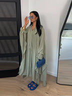 Maxikleid Damenkleider Fledermausärmel Beige Rüschen Bindekragen Plissiert Oversized Damenbekleidung Freizeitkleidung Sommer-Outfit