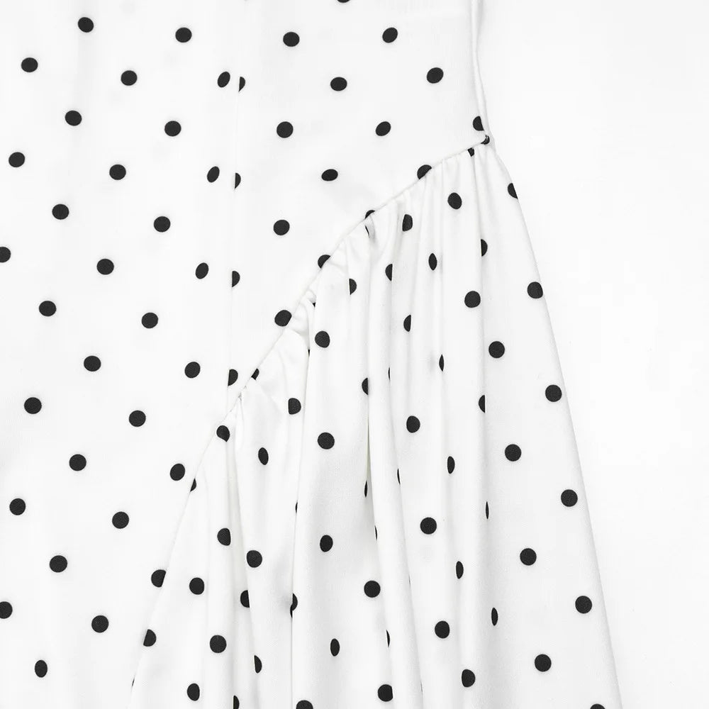 Talenza Weißes gepunktetes langes Kleid Sommer Sexy High-Waist Vintage Print Ärmelloses Kleid Lässige Party Urlaub Neues Damenkleid