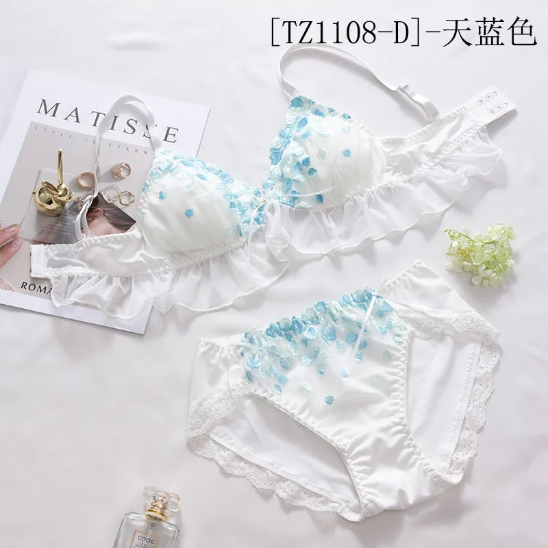Besticktes Schleifen-Dessous-Set für Damen, japanisches süßes BH-Set, Triangel-Cup ohne Bügel, Studentenunterwäsche