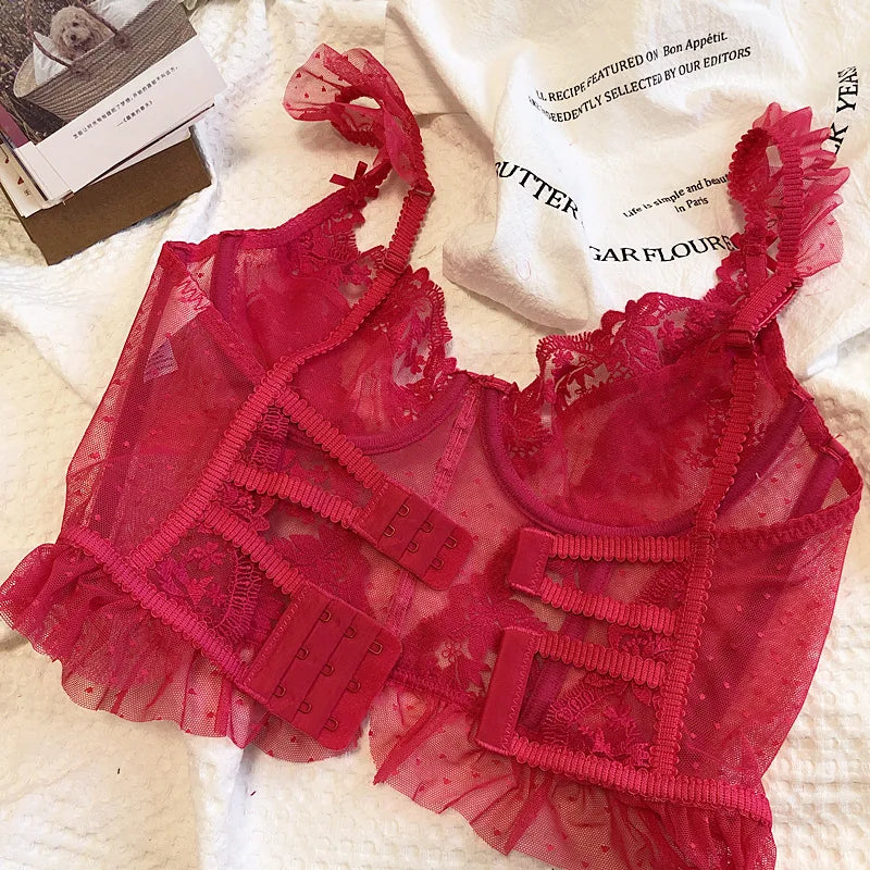 Heißer Verkauf Französisches sexy Dessous-Set für Damen, ultradünner transparenter BH und Höschen-Set, besticktes Spitzen-Form-Camisole-Unterwäsche-Set