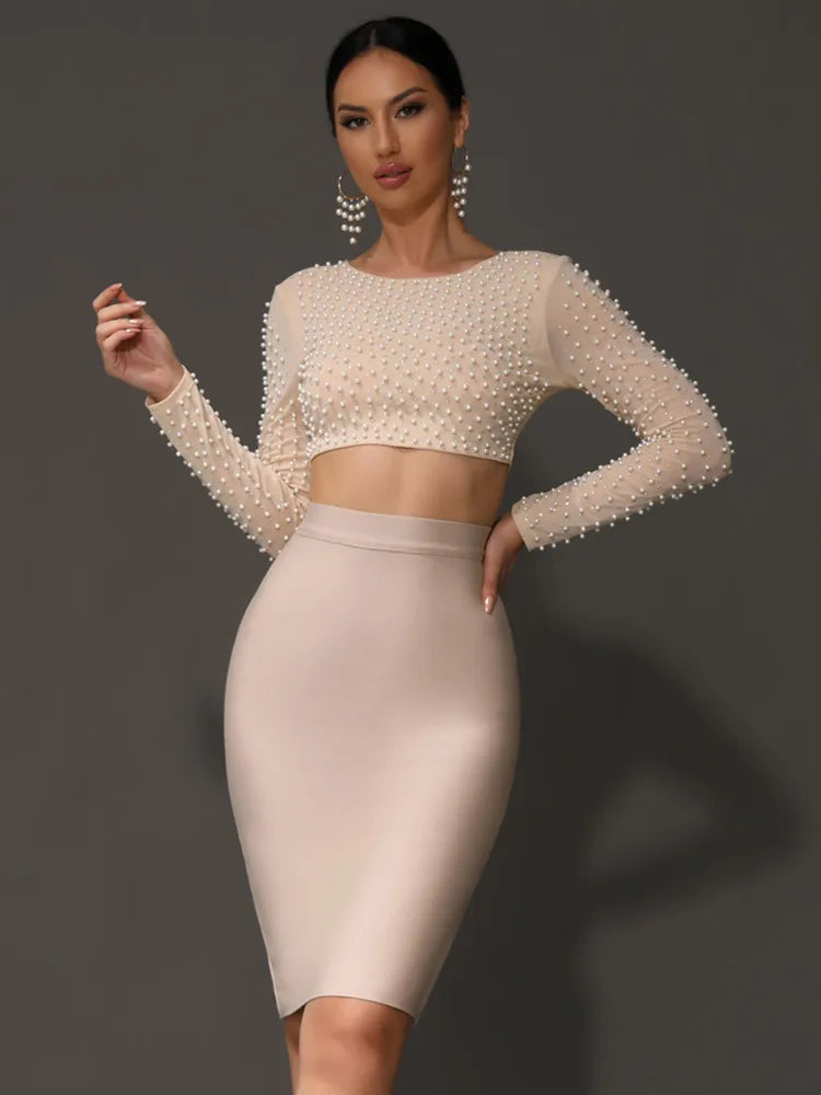 Sexy O-Ausschnitt Langarm Mesh Perlen Beige Schwarz Celebrity Midi Damen Bandagen-Set 2024 Designer Abendparty Damen-Set Hauptbild