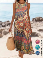 2026 Damen ärmelloses, böhmisches Blumenmuster, lässiges Strand-Midikleid mit Taschen, fließend und locker, Sweetheart im rustikalen Country-Stil