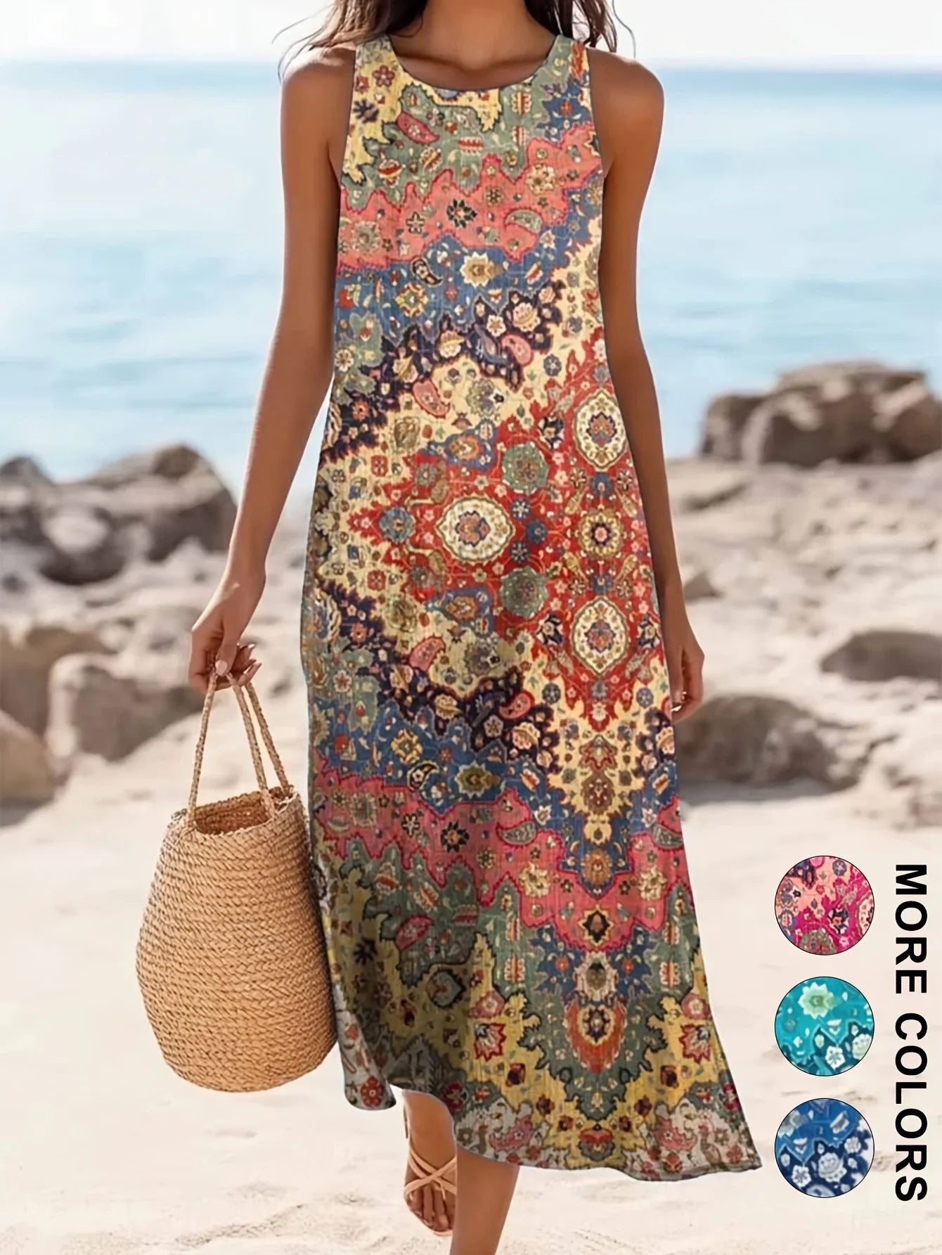 2026 Damen ärmelloses, böhmisches Blumenmuster, lässiges Strand-Midikleid mit Taschen, fließend und locker, Sweetheart im rustikalen Country-Stil