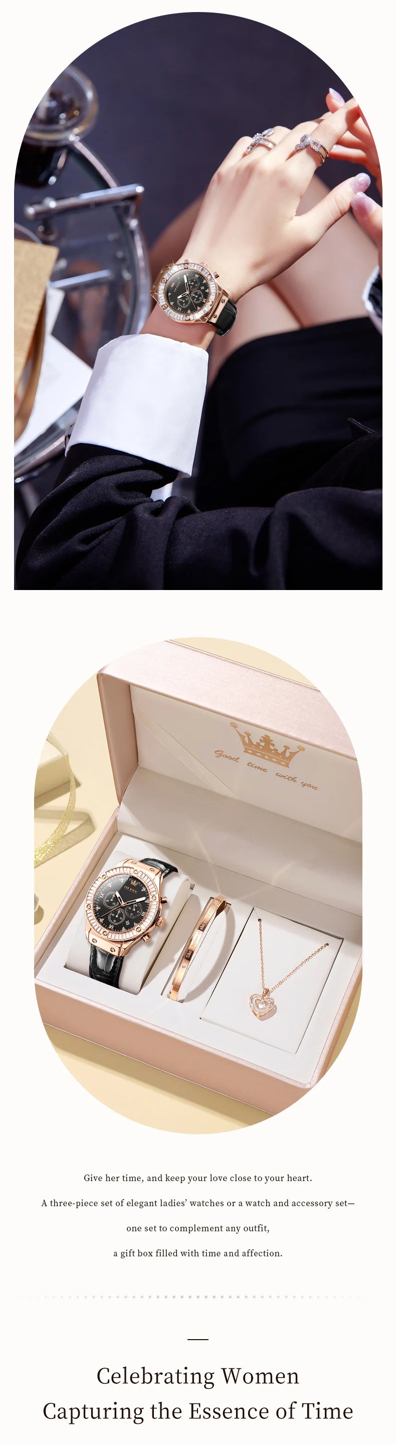 OLEVS 9978 Damenuhr, multifunktionale Quarzuhr, wasserdicht, leuchtendes Lederarmband, elegante modische Uhren für Damen, Geschenke