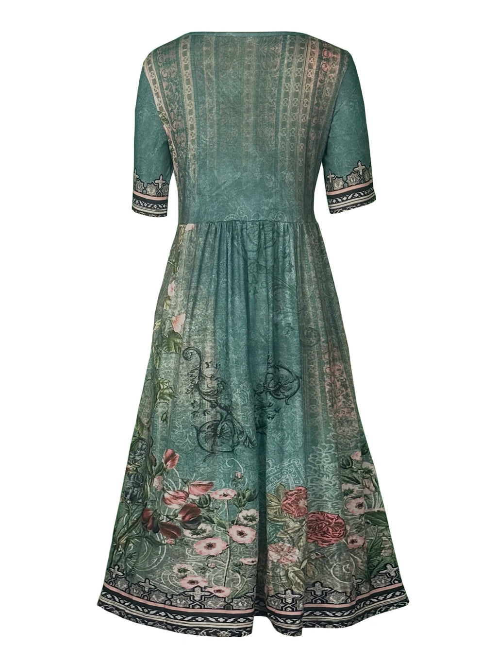 2025 Sommer Damen-Bohemia-Kleid locker, modischer Druck, Rundhalsausschnitt, kurze Ärmel, langes Kleid