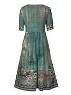 2025 Sommer Damen-Bohemia-Kleid locker, modischer Druck, Rundhalsausschnitt, kurze Ärmel, langes Kleid