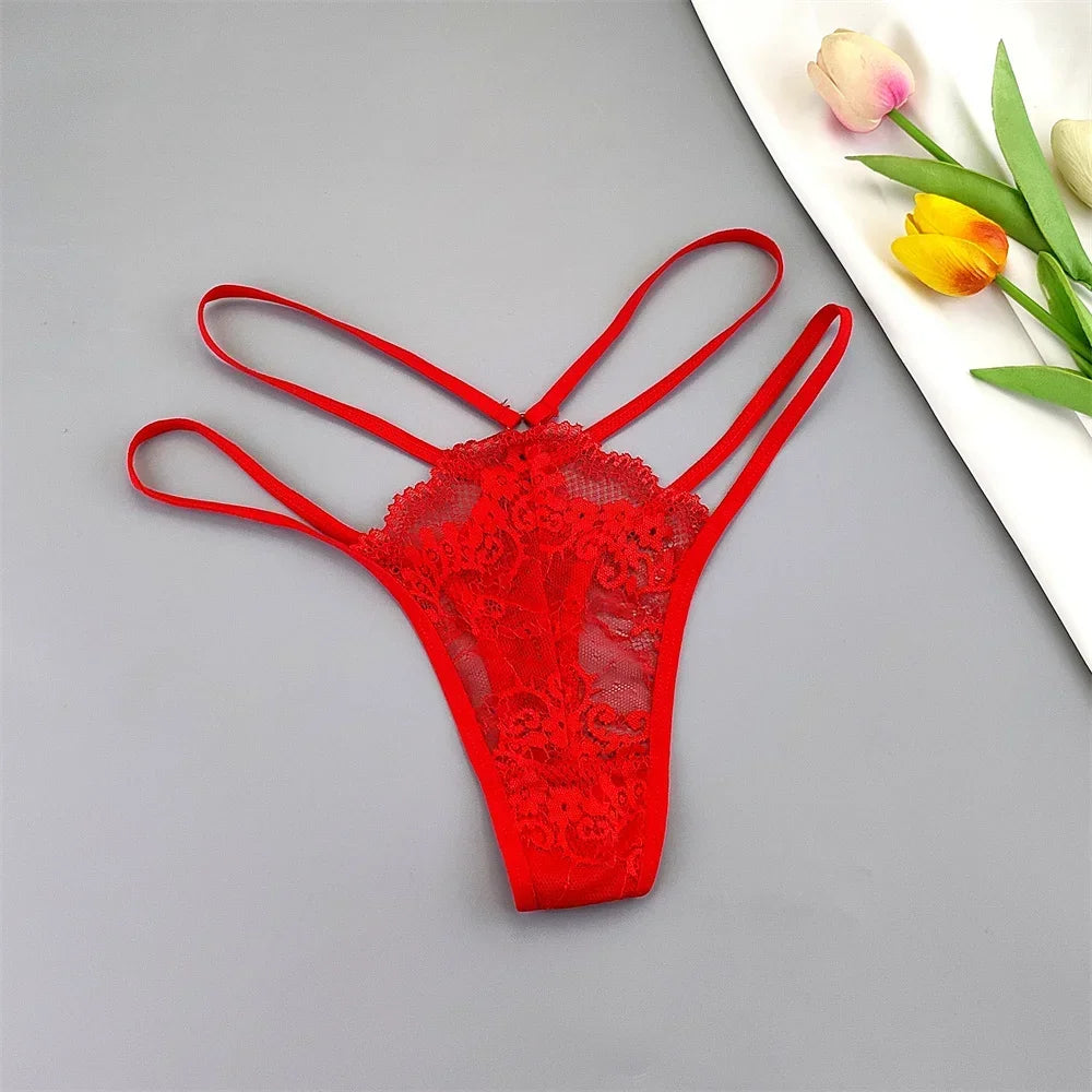 3 Stück Spitze Dünne Träger Tanga Frauen Tiefe Taille Sexy Perspektive Unterwäsche Damen Transparenter G-String Slip Plus Size T-Rücken
