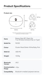 Baseus BC1 Ear-Clip-Ohrhörer Open-Ear Drahtlose Kopfhörer Bluetooth 6.0 Clip-On Sport-Kopfhörer 4 Mikrofone Super Bass IP55 Ohrstöpsel